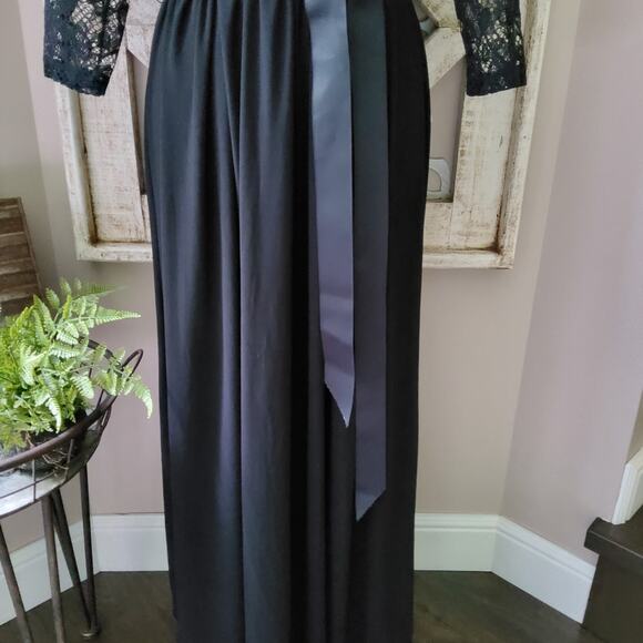 Ellen Weaver Women's Lace Top Overlay Ribbon Belt Maxi Dress in Black - Picture 4 of 14